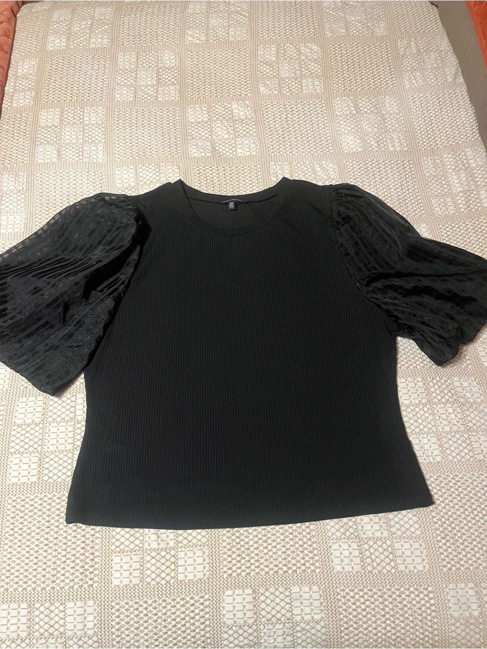 Black Puff-Sleeve Ribbed Knit Top